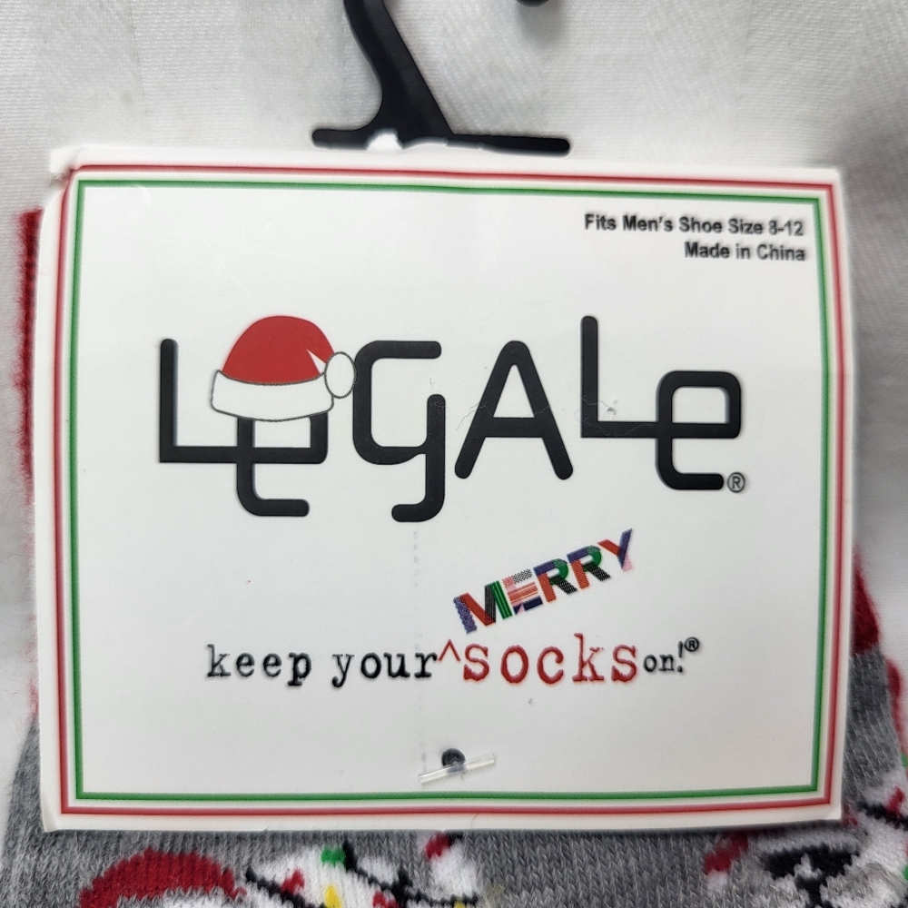 LeGale Mens SOCKS Cat Lights Santa Hat Gray Red White 1 Pair Christmas NEW - Picture 5 of 9